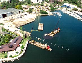 New steel sheet pile bulkhead under construction, Grove Harbor Marina (Dinner Key Boatyard Marina) Miami, Florida